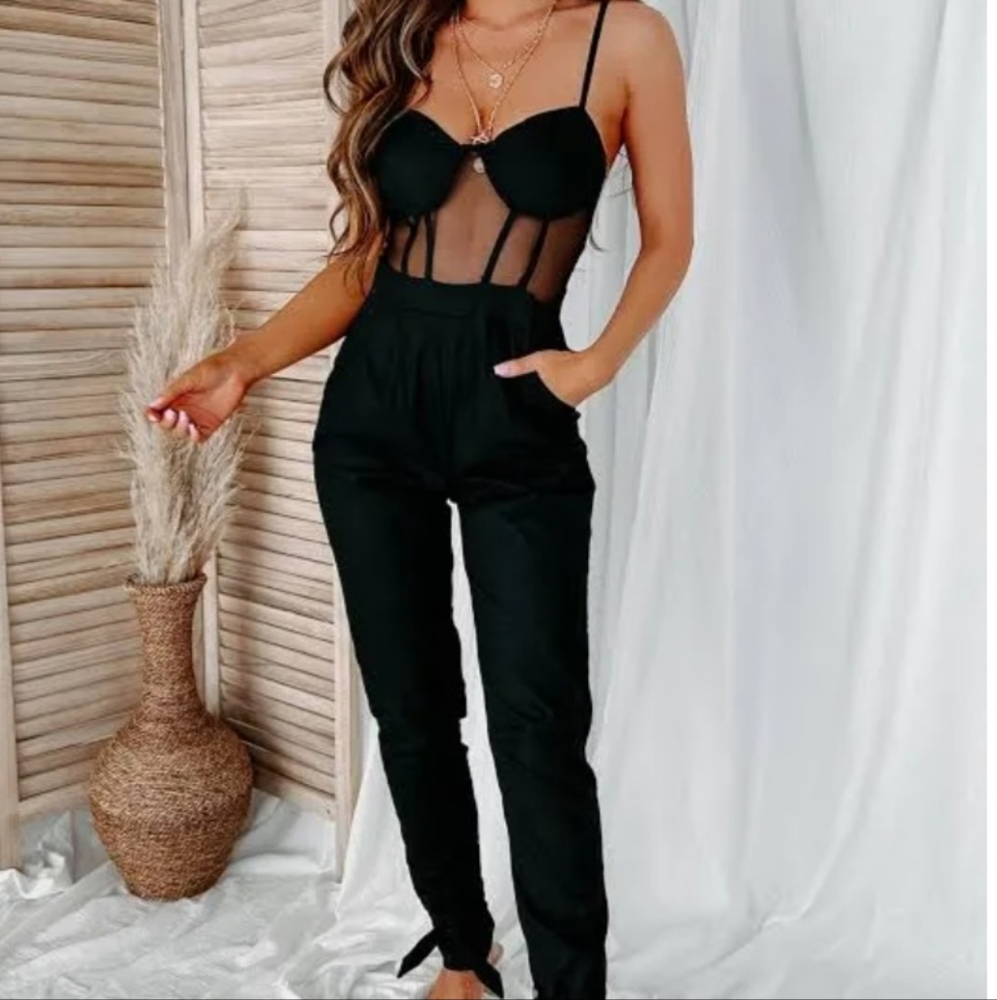 Kaylee Kollection Black Padded Mesh Tie Ankle Jumpsuit. Size:Various